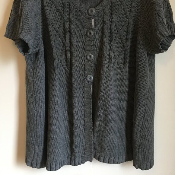 Chunky Cable Knit Short Sleeve Cotton Button Up Cardigan Sweater - Picture 4 of 15